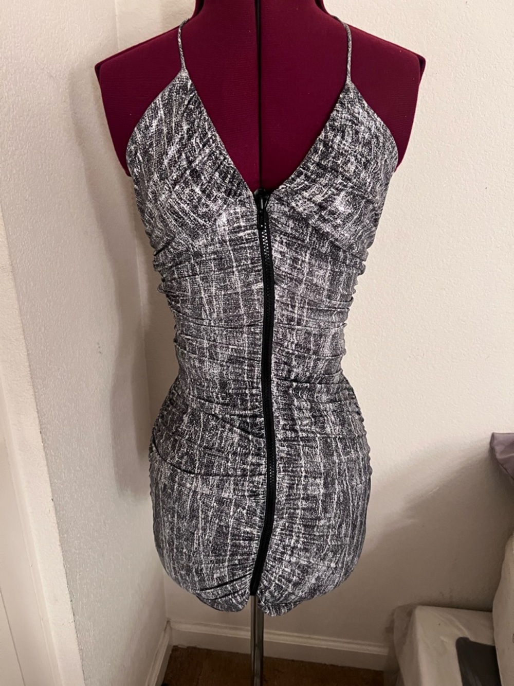 Gray Textured Zip-Front Spaghetti Strap Dress